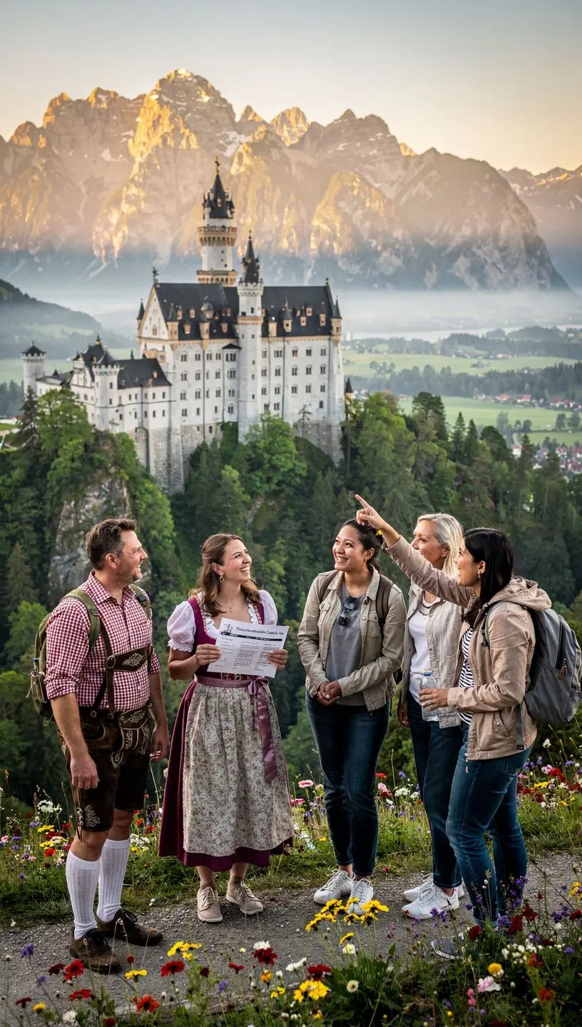 Geführte Touristen erkunden ein mittelalterliches Schloss mit informativen Hinweistafeln, die authentische Einblicke in die deutsche Geschichte und Architektur bieten.